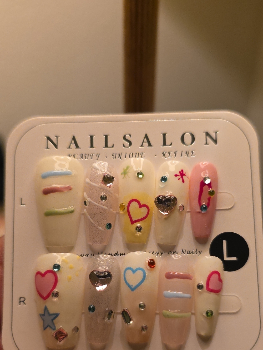 Decorative Press-On Nail Set - Pastel Hearts & Gems Size Large